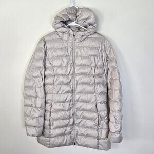 Eddie Bauer EB 650 Down Jacket Women's M Light Brown Hooded Granola Girl Outdoor